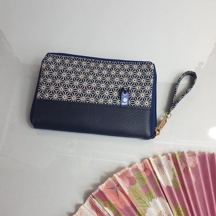 Portefeuille porte-monnaie zipp -  Asanoha blue - simili cuir bleu marine