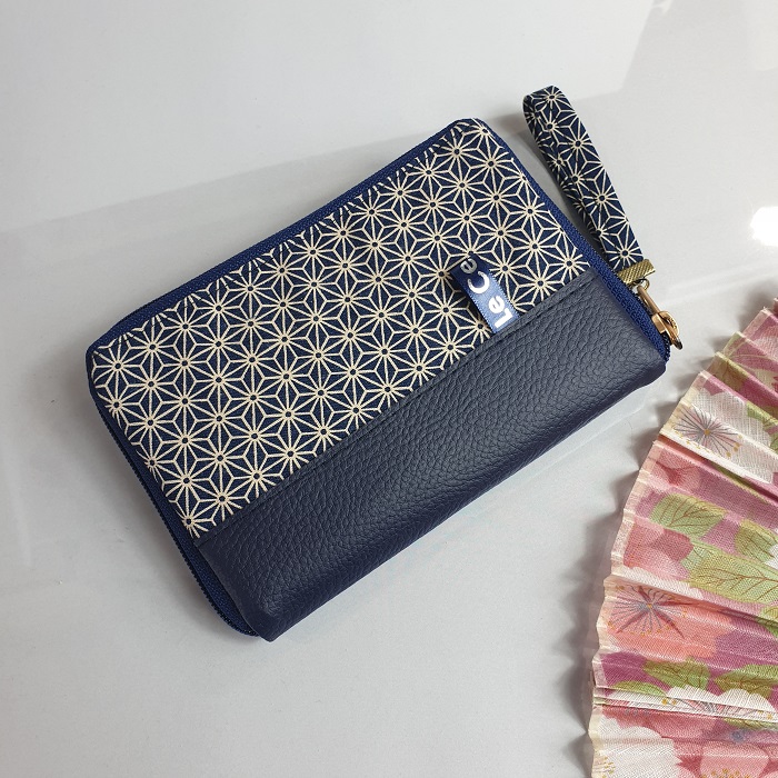 5.5" zippered Cards and coins wallet - Asanoha blue - navy blue faux leather