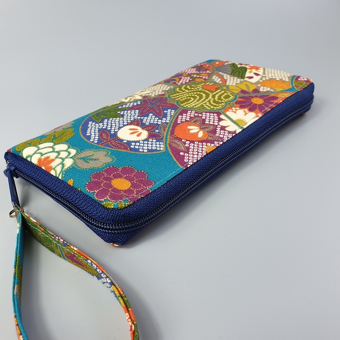 8.3\" long zippered wallet - Yuka blue green - multicolors flowers - navy blue zipper