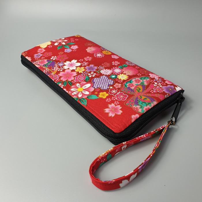 8.3" long zippered wallet - Miya red - multicolors flowers - black zipper