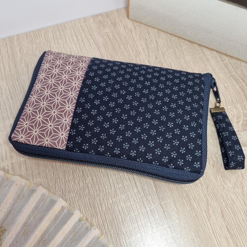 5.5\" zippered Cards and coins wallet - Bi-color Asanoha -  purple - navy blue zipper