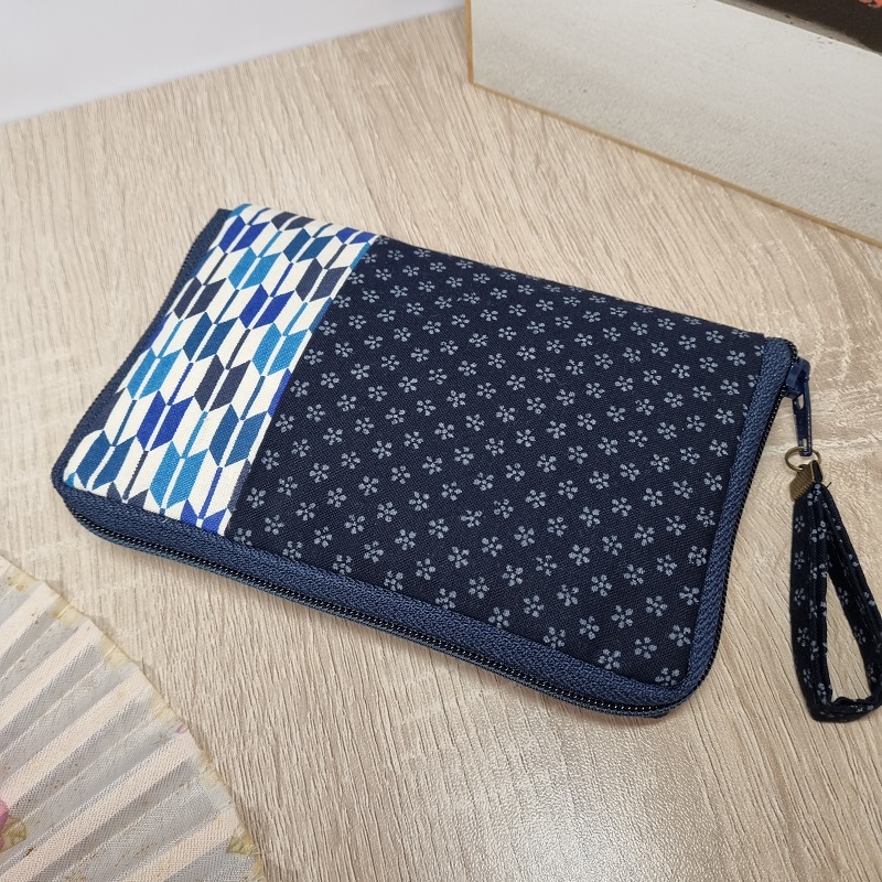 5.5\" zippered Cards and coins wallet - Bi-color white navy blue - navy blue zipper