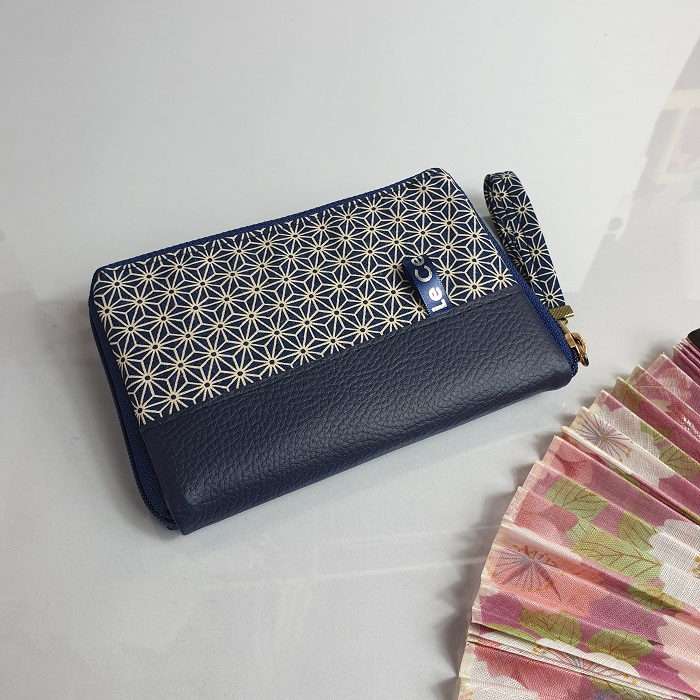 5.5\" zippered Cards and coins wallet - Asanoha blue - navy blue faux leather