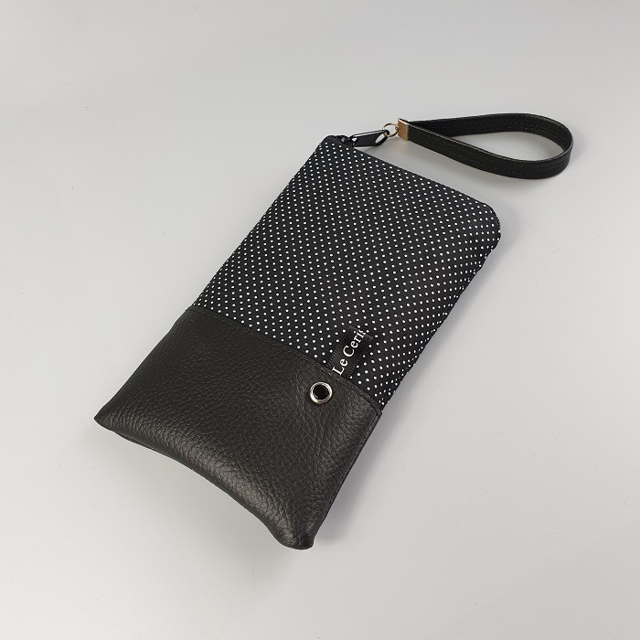 Smartphone sleeve - zipper closure - black polka dots - black faux leather