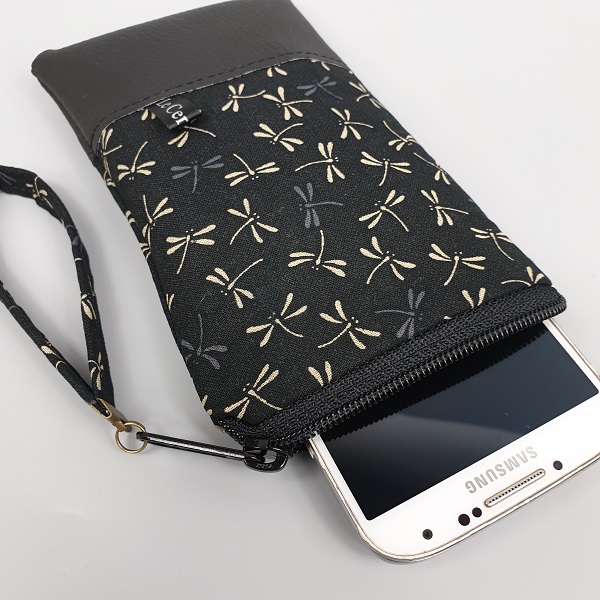 Smartphone sleeve - zipper closure - Tombo noir beige - black faux leather