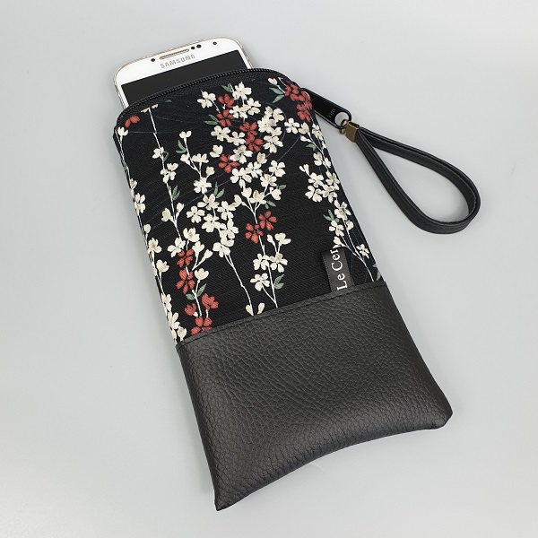 Smartphone sleeve - zipper closure - Aki black red - black faux leather