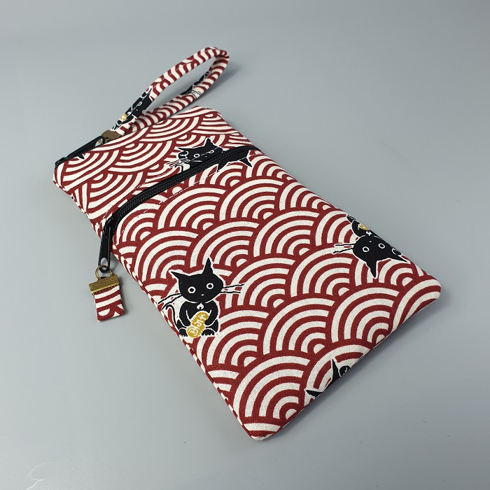 Smartphone sleeve - 2 zippers closure - Maneki cat white red