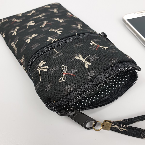 Smartphone sleeve - 2 zippers closure - Tombo 2 - beige and black dragonflies