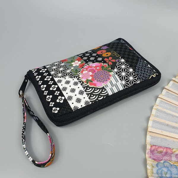5.5" zippered Cards and coins wallet - Miyuki black white pink - black zipper