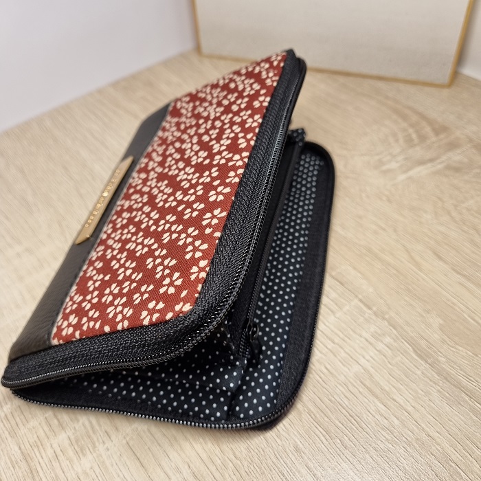 Portefeuille porte-monnaie zippé -  Sakura rouge - simili cuir noir