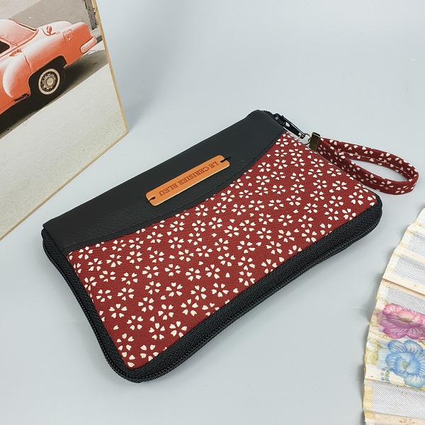 5.5\" zippered Cards and coins wallet - Sakura red white - black faux leather