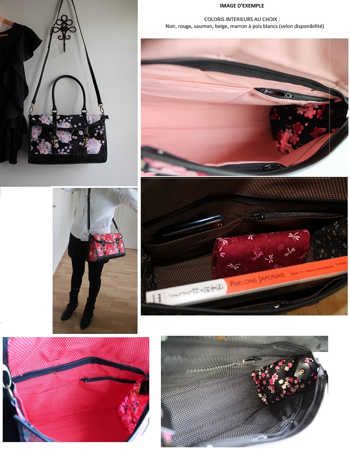 Satchel - zipper closure - Mina black blue pink - black faux leather
