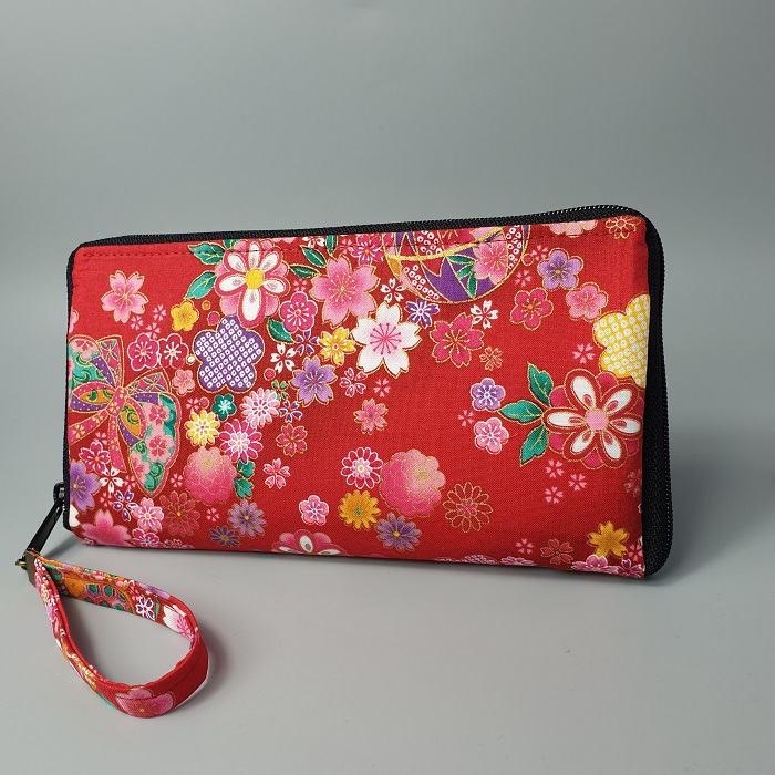 8.3\" long zippered wallet - Miya red - multicolors flowers - black zipper