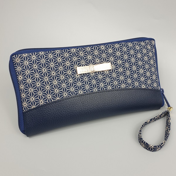 8.3" long zippered wallet - Asanoha navy blue - navy blue faux leather