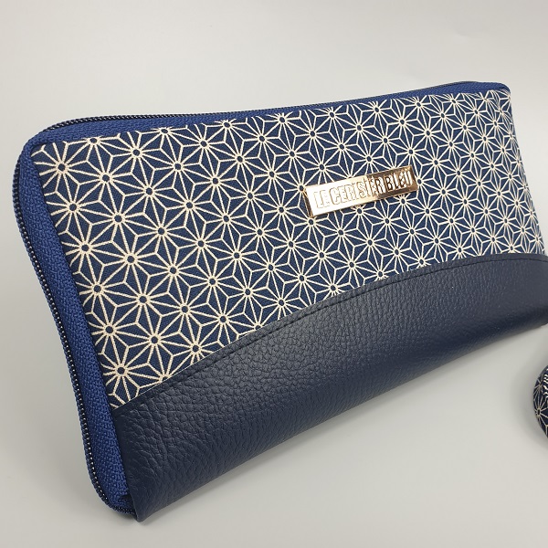 8.3\" long zippered wallet - Asanoha navy blue - navy blue faux leather