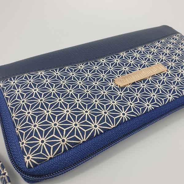 8.3\" long zippered wallet - Asanoha navy blue - navy blue faux leather