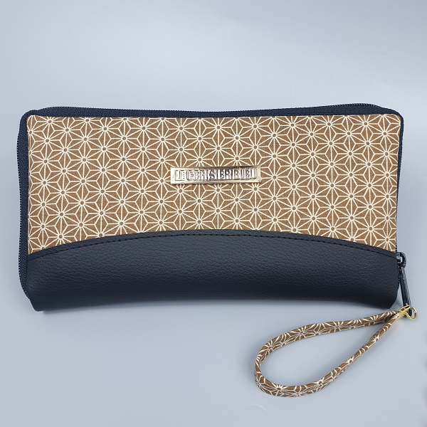 8.3" long zippered wallet - Asanoha beige - black faux leather
